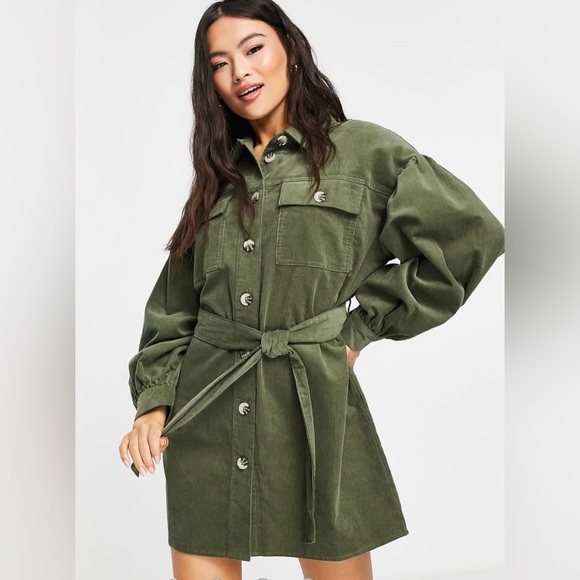 ASOS DESIGN cord mini shirt dress in khaki size 10 runs oversized A476 - Picture 3 of 6